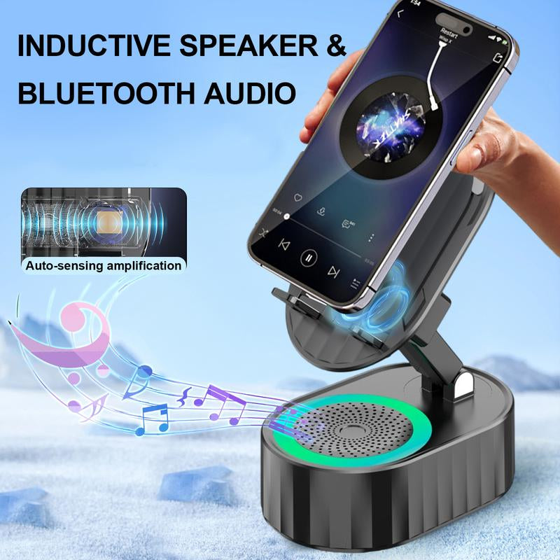 AKLLCCR Wireless Induction Audio Bluetooth Speaker 5In1 Cellphone Holder Emergency Rechargeable (3000Mah) Portable Power Mobile Tablet Stand with Colorful Ambient Light Gifts for Friend, Family